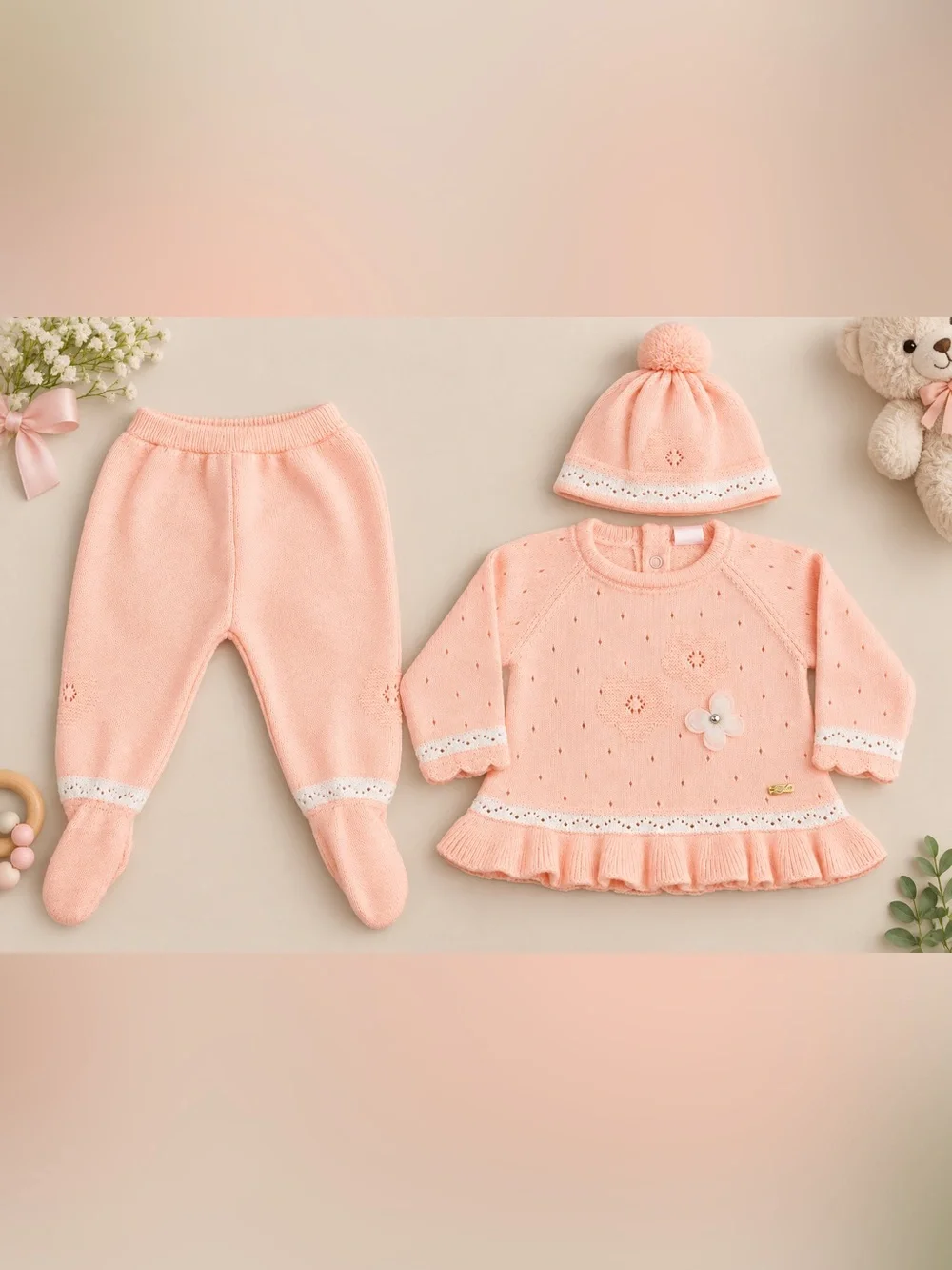 Woopy Baby Girls Pink Knit 3 Piece Outfit Set Size 1